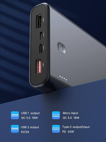 Portable Monitor Charger 65W, UPERFECT 20000mAh Power Bank Fast Charging USB C Battery Pack, Tri-Outport & Dual Inport (2.1A USB-C Input and Micro USB Input) for Laptop Tablet Phone Switch and More UPERFECT 